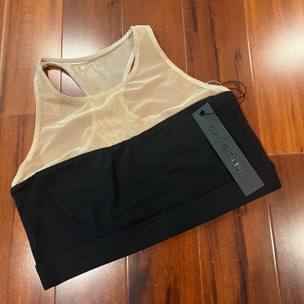 New NWT‎ CARBON38 Black Beige Sports Bra Mesh Racerback Active Athletic Size XS